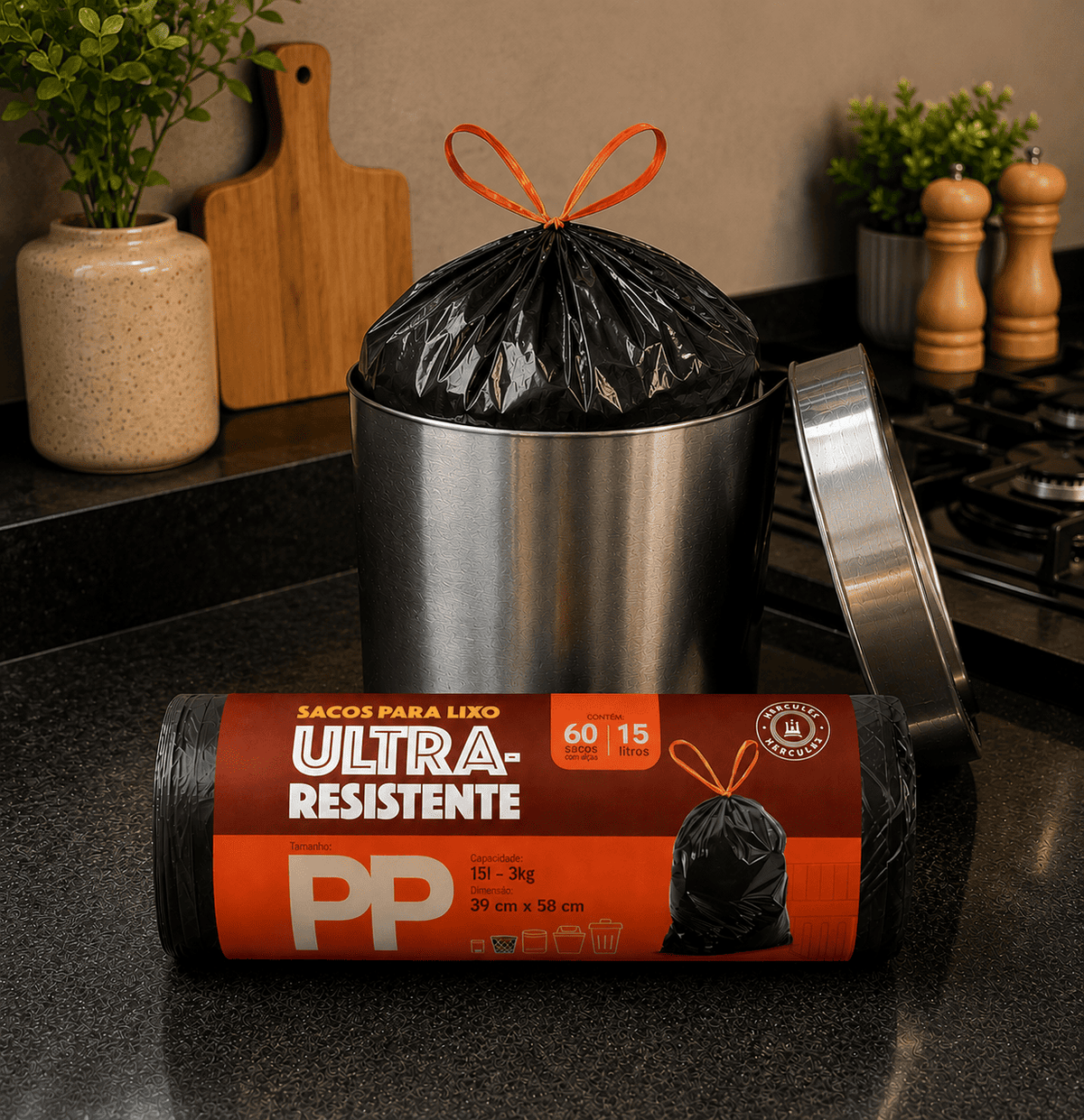 Kit 3 Sacos Para Lixo PP 15 Litros Reforçado Com Alça 180un