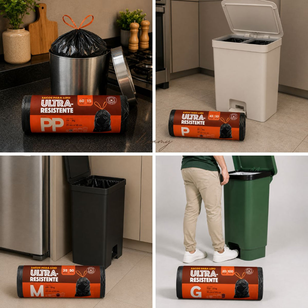 Kit 3 Sacos Para Lixo 15L, 30L, 50L  Reforçado Com Alça 140un
