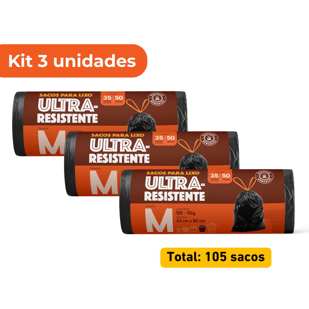 Kit 3 Sacos Para Lixo M 50 Litros Reforçado Com Alça 105un