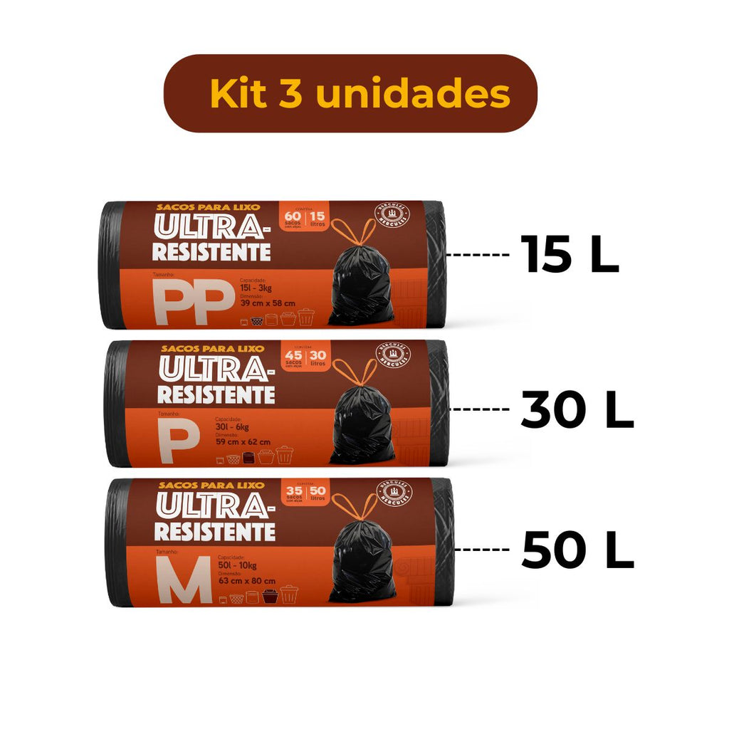 Kit 3 Sacos Para Lixo 15L, 30L, 50L  Reforçado Com Alça 140un