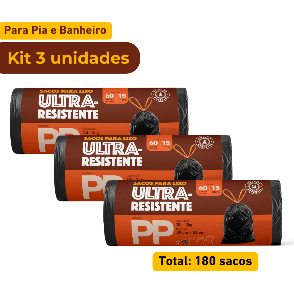 Kit 3 Sacos Para Lixo PP 15 Litros Reforçado Com Alça 180un