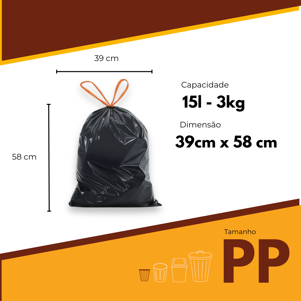 Kit 3 Sacos Para Lixo PP 15 Litros Reforçado Com Alça 180un