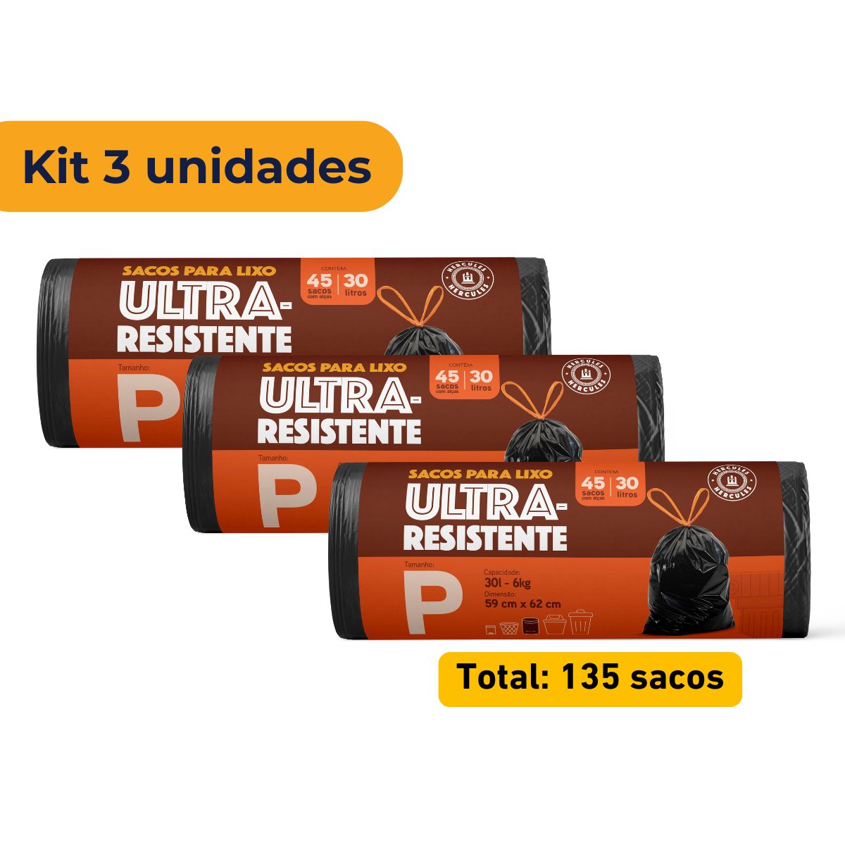 Kit 3 Sacos Para Lixo P 30 Litros Reforçado Com Alça 135un
