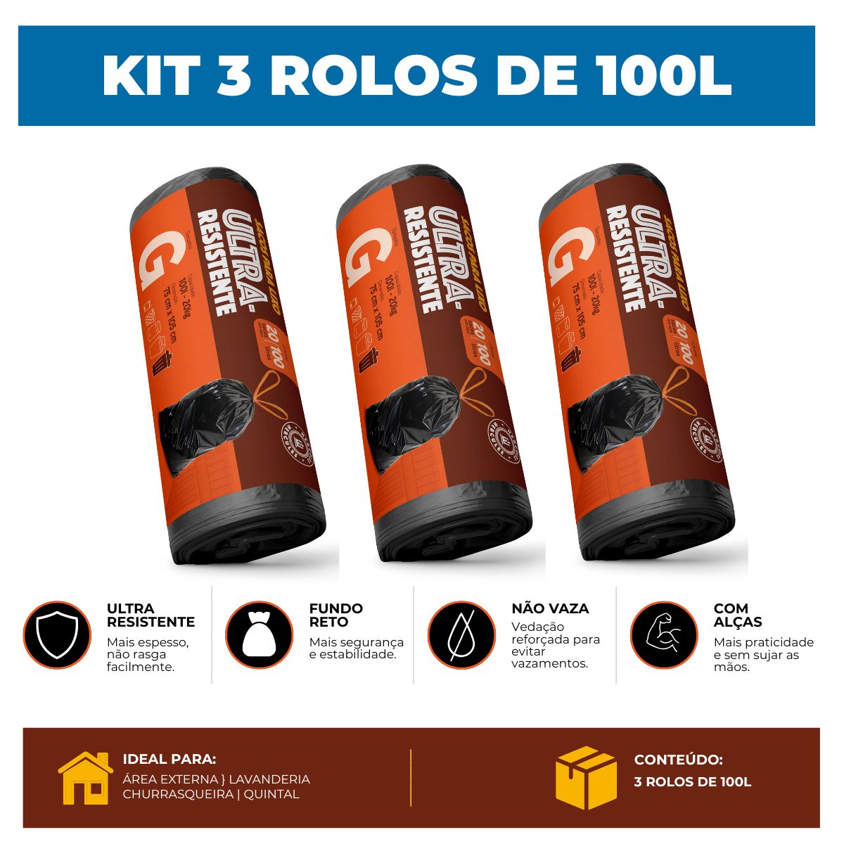Kit 3 Sacos Para Lixo G 100 Litros Reforçado Com Alça 60un