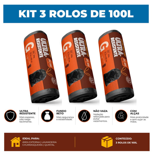Kit 3 Sacos Para Lixo G 100 Litros Reforçado Com Alça 60un