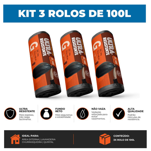 Kit 3 Sacos Para Lixo G 100 litros Reforçado Sem Alça 45un