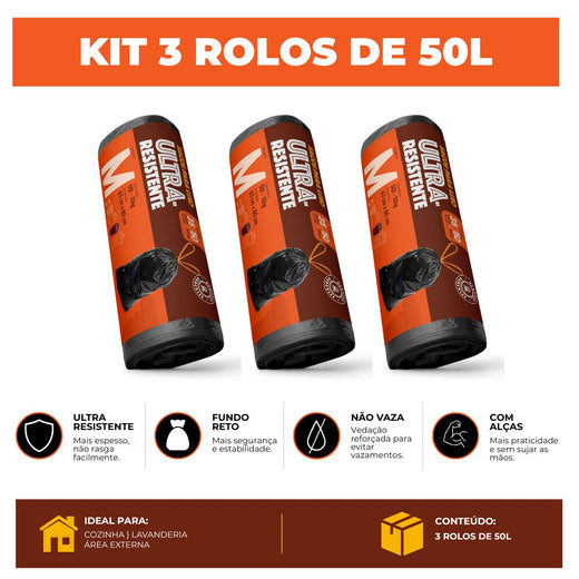 Kit 3 Sacos Para Lixo M 50 Litros Reforçado Com Alça 105un