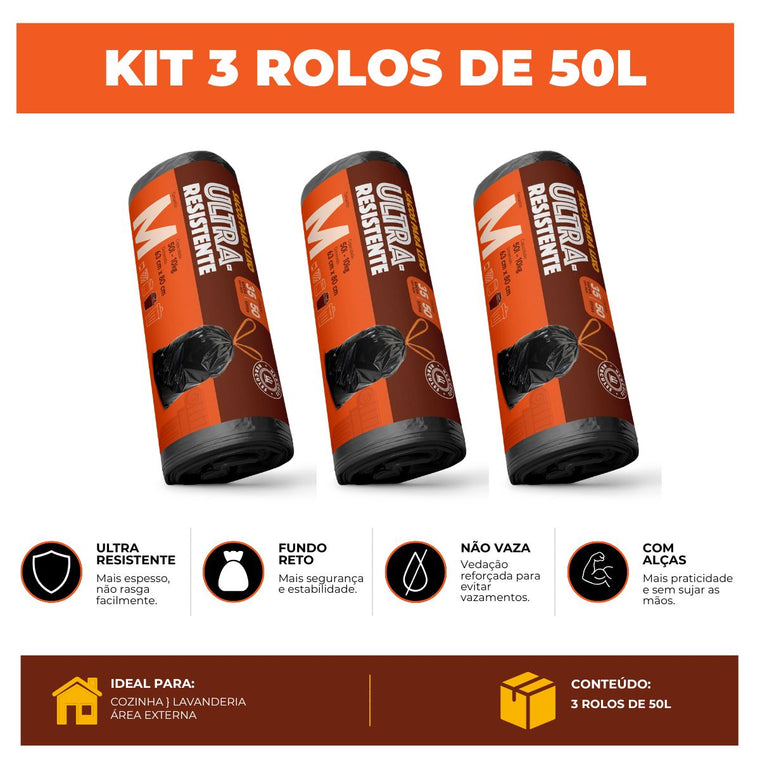 Kit 3 Sacos Para Lixo M 50 Litros Reforçado Com Alça 105un