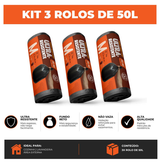 Kit 3 Sacos Para Lixo M 50 litros Reforçado Sem Alça 90un