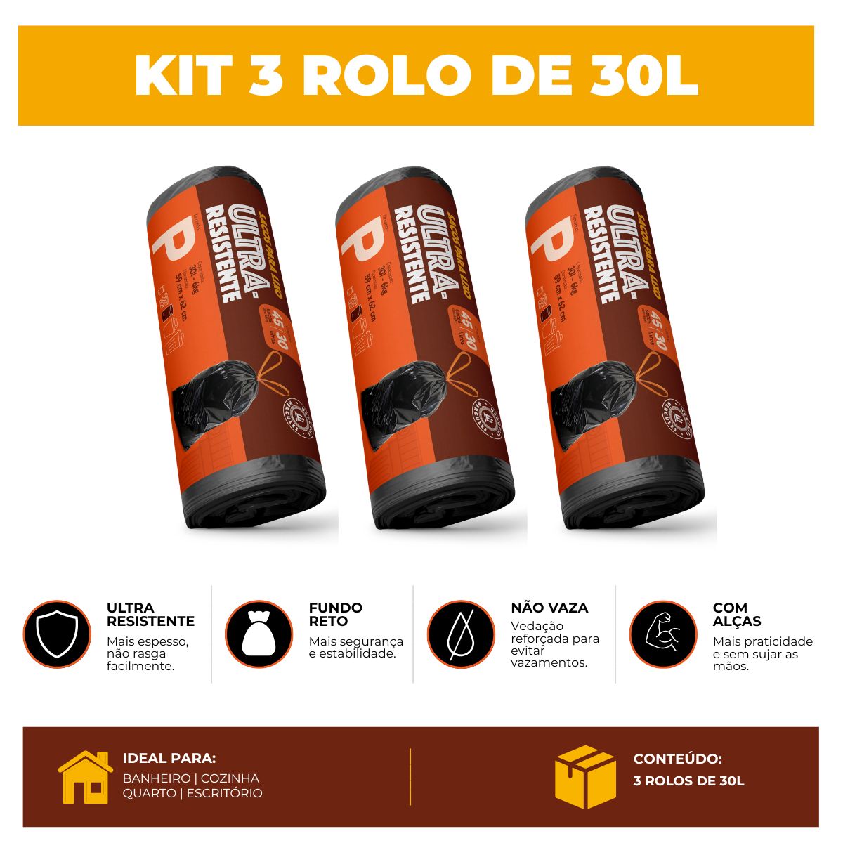 Kit 3 Sacos Para Lixo P 30 Litros Reforçado Com Alça 135un