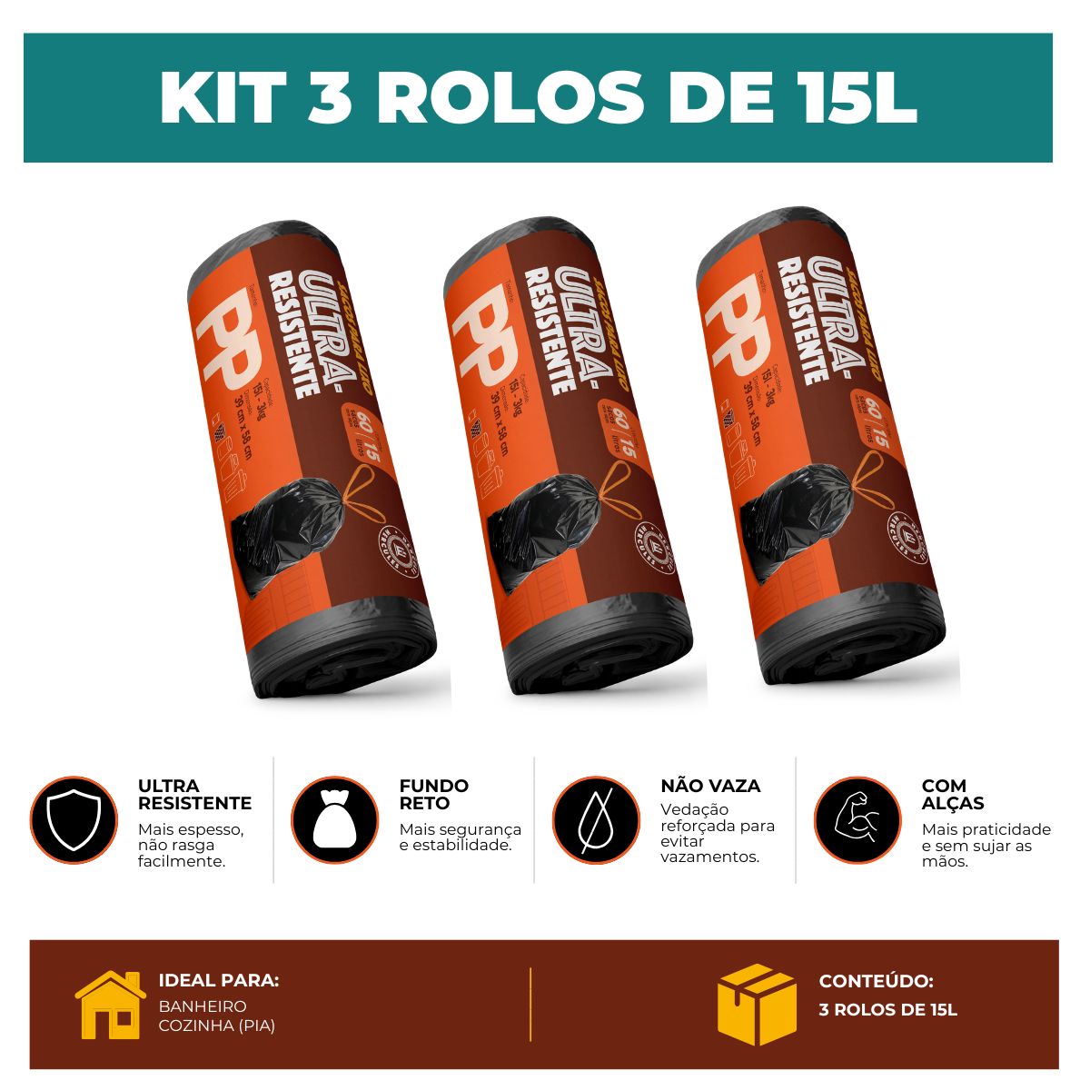 Kit 3 Sacos Para Lixo PP 15 Litros Reforçado Com Alça 180un