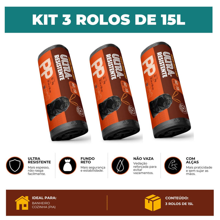 Kit 3 Sacos Para Lixo PP 15 Litros Reforçado Com Alça 180un