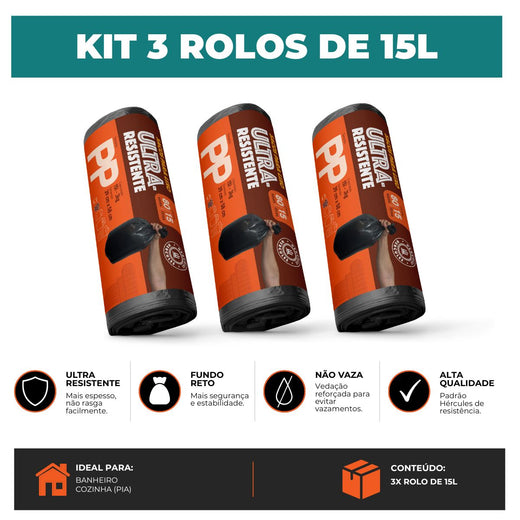 Kit 3 Sacos Para Lixo PP 15 litros Reforçado Sem Alça 240un