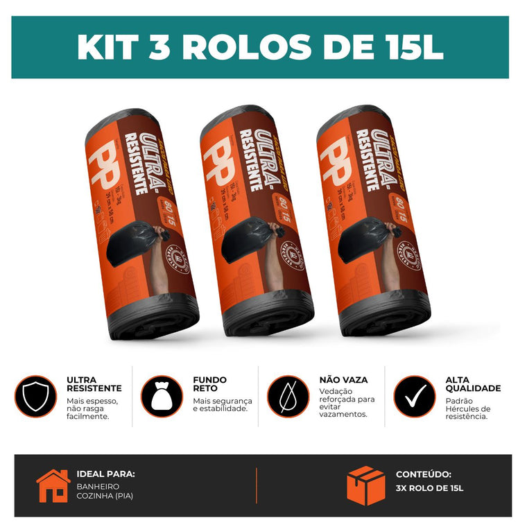 Kit 3 Sacos Para Lixo PP 15 litros Reforçado Sem Alça 240un